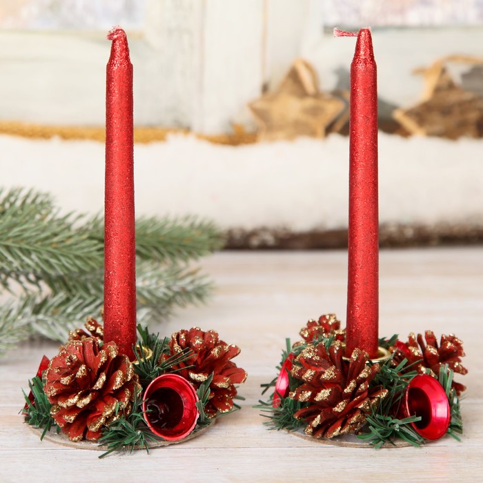 Свеча новогодняя с подсвечником "Красные колокольчики" (набор 4 шт) 4х13,5х17 см, красный