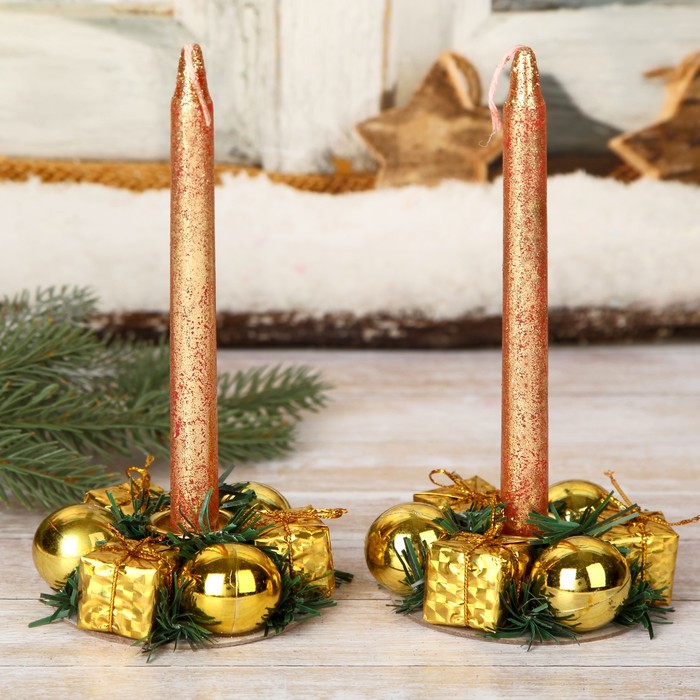 Свеча новогодняя с подсвечником "Шары и подарки" (набор 4 шт) 4х13,5х17 см, золото