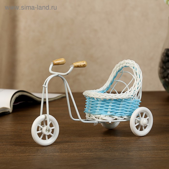 фото Корзина декоративная "велосипед с коляской" голубая 9,5х16х6,5 см