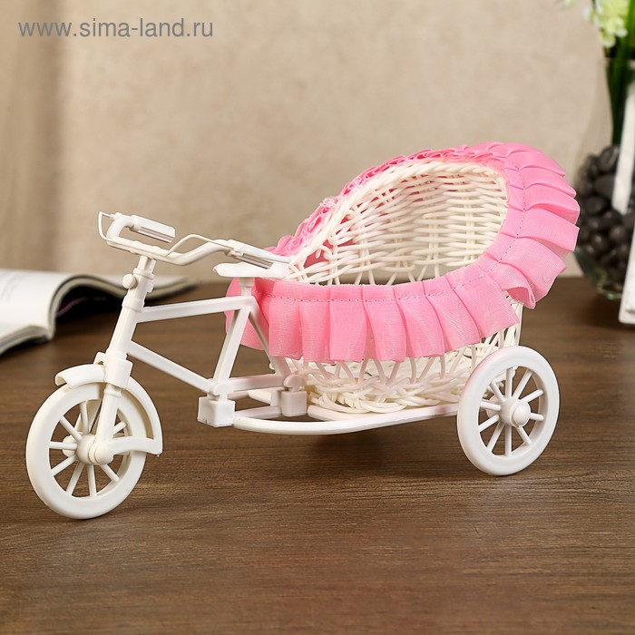 фото Корзина декоративная "велосипед с коляской" розовые рюши 14х24х14 см