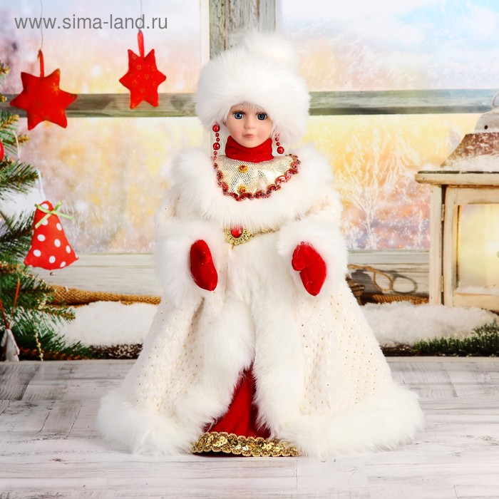 фото Снегурочка 40 см "шик" в бело-красной шубке и в варежках, двигается, без музыки зимнее волшебство
