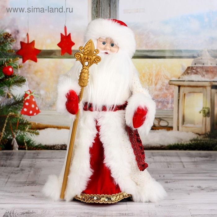 Дед Мороз Шик в красно-белой шубке с посохом, двигается, 47 см дед мороз в белой шубке с подарками двигается с подсветкой 43 см