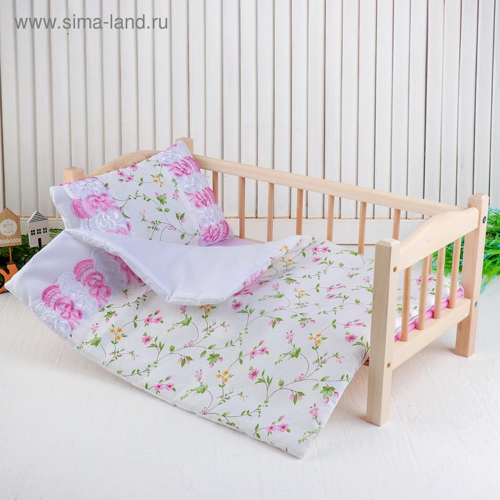 фото Кукольное постельное"цветы на белом"простынь,одеяло,46*36,подушка 27*17 страна карнавалия