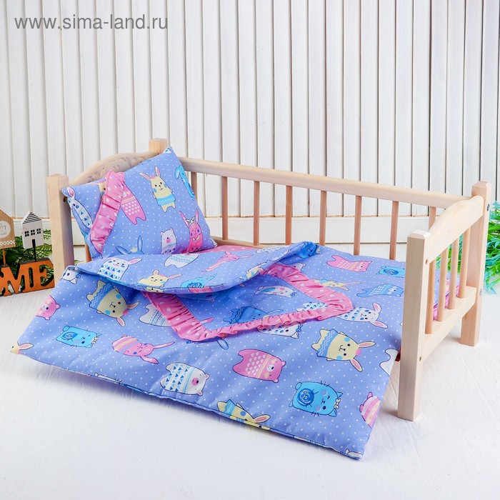 Кукольное постельное «Зверюшки на голубом», простынь, одеяло 46х36 см, подушка 27х17 см