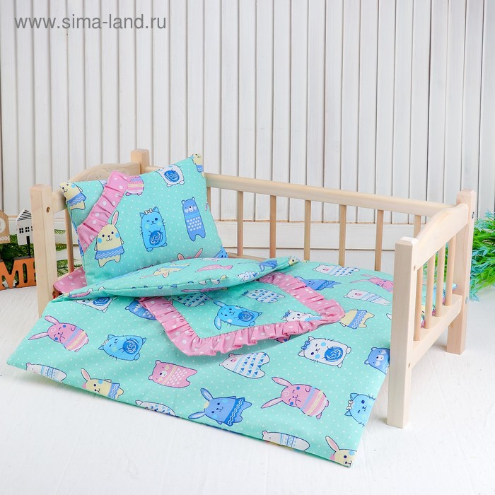 Кукольное постельное «Зверюшки на зеленом», простынь, одеяло 46х36 см, подушка 27х17 см