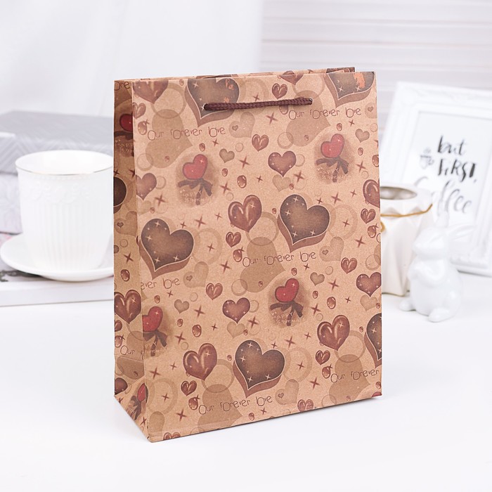 Пакет крафт "Шоколадные сердечки", 19 х 8 х 24 см