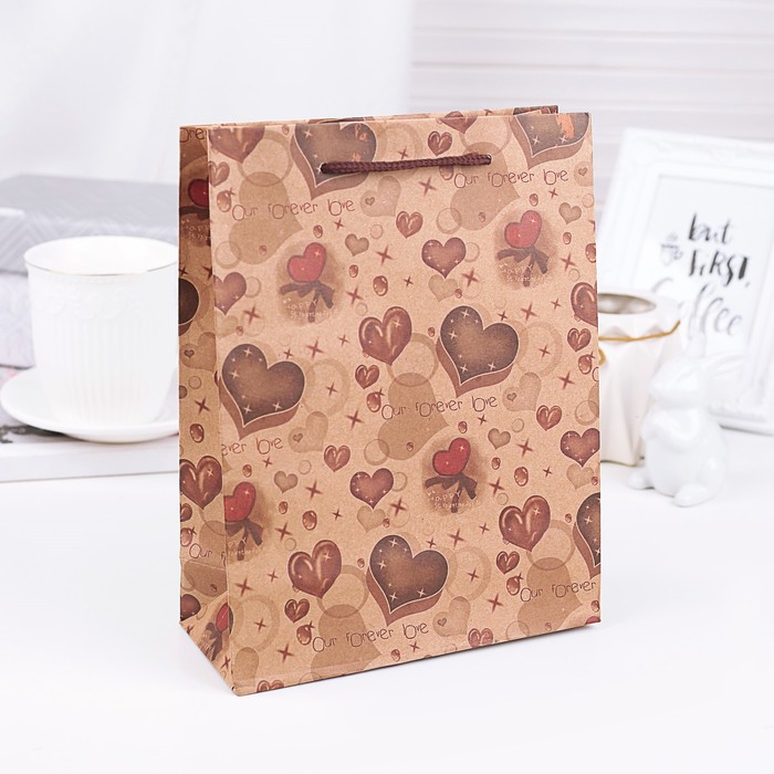 Пакет крафт "Шоколадные сердечки", 24 х 8 х 33 см