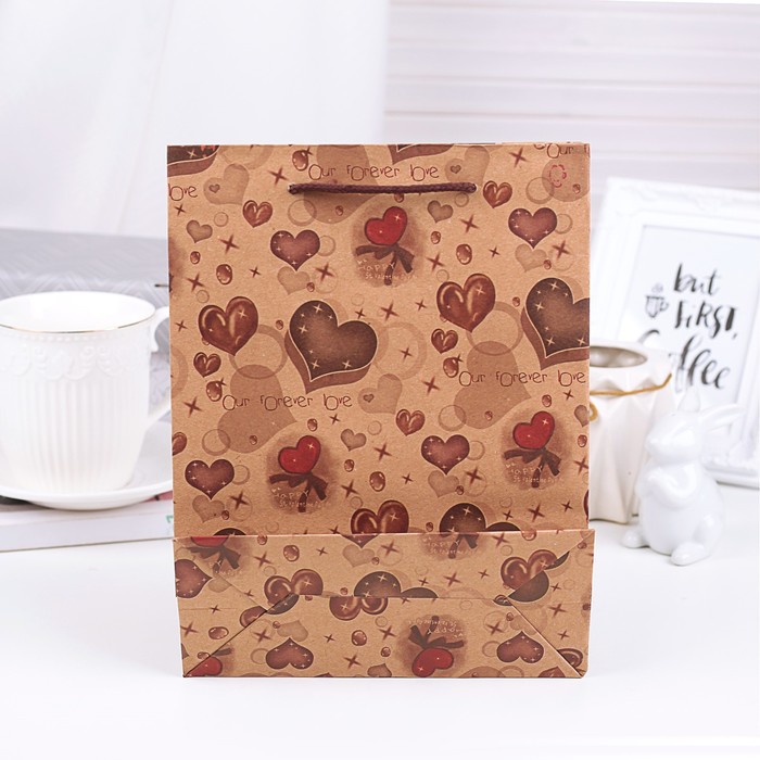 Пакет крафт "Шоколадные сердечки", 24 х 8 х 33 см