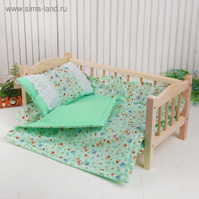 фото Кукольное постельное"цветочки на зеленом "простынь,одеяло,46*36,подушка 27*17 страна карнавалия