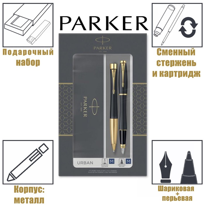 фото Набор parker urban core fk200 muted black gt ручка перьевая + ручка шариковая, латунь