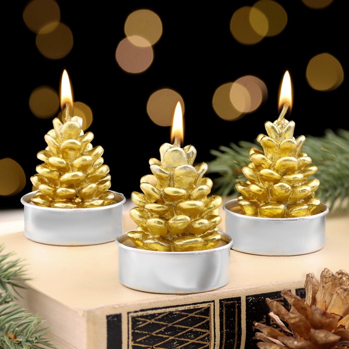 Набор свечи новогодние Шишка золотая, 4×6 см, 3 шт цифра подсвечник 4 светодиодная золотая сказка в наборе 4 свечи 6 см 1 батарейка 591427 591427