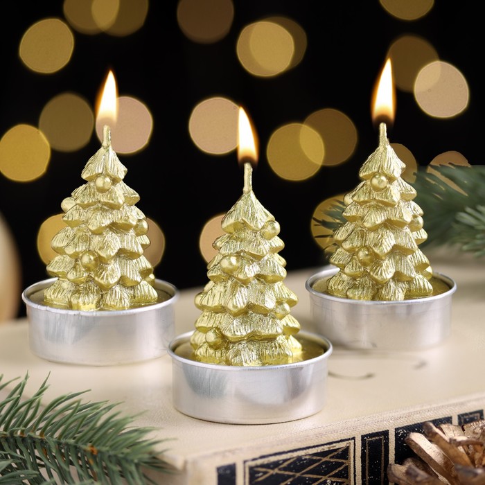 Набор свечи новогодниеЁлка золотая, 3 шт, 4×6 см, цифра подсвечник 4 светодиодная золотая сказка в наборе 4 свечи 6 см 1 батарейка 591427 591427