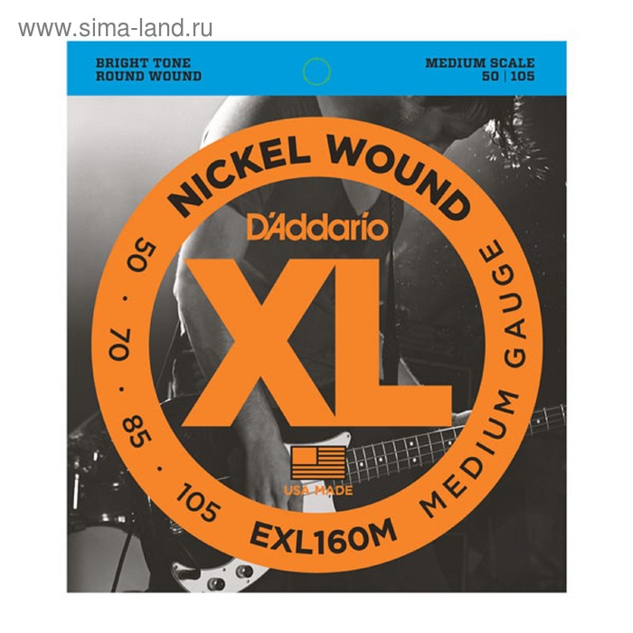 фото Струны для бас-гитары d'addario exl160m nickel wound , medium, 50-105, medium scale d`addario