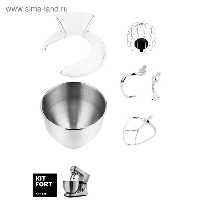 

Миксер Kitfort КТ-1338, планетарный, 1000 Вт, 5 л, 2 крюка+2 насадки, серебристый