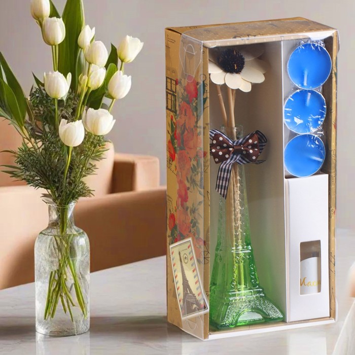 Набор подарочный "Париж": ваза,свечи,аромамасло жасмин,декор, "Богатство Аромата"