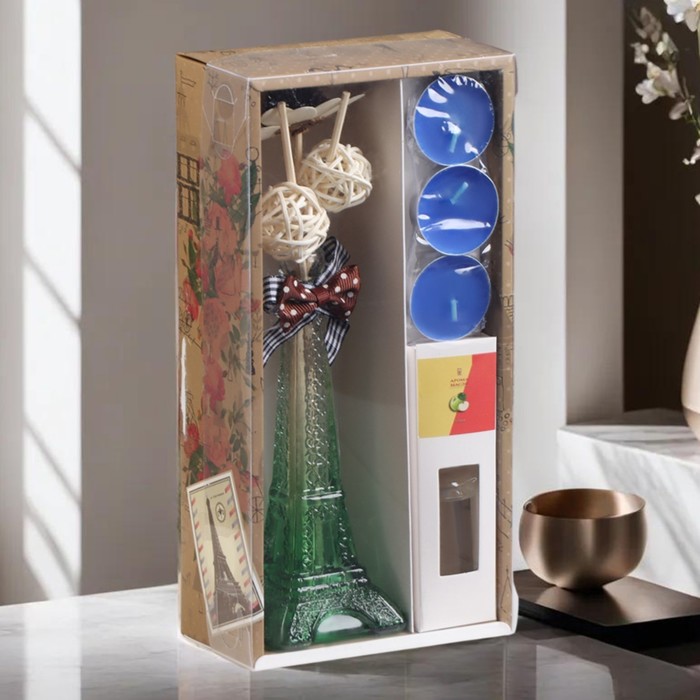 Набор подарочный "Париж": ваза,свечи,аромамасло яблоко,декор, "Богатство Аромата"