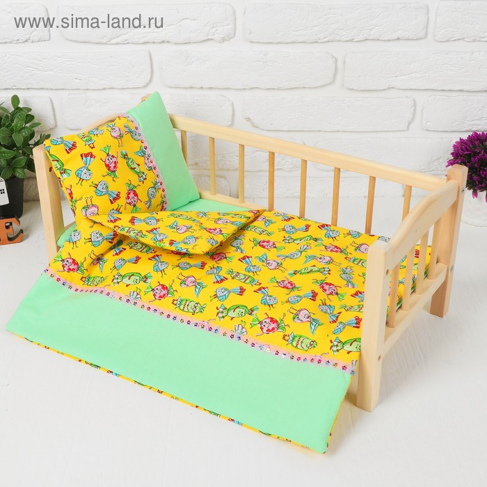 фото Кукольное постельное"конфеты на желтом"простынь,одеяло,46*36,подушка 27*17 страна карнавалия