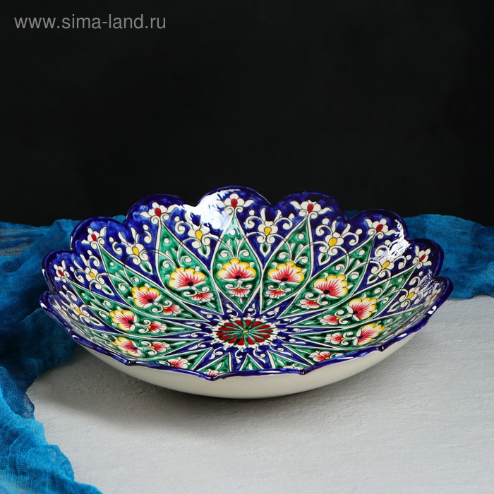 Ляган Риштанская Керамика Цветы, 33 см, синий, рифлёный