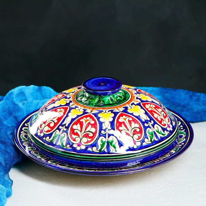 фото Блинница риштанская керамика "цветы", 26 см, синий шафран