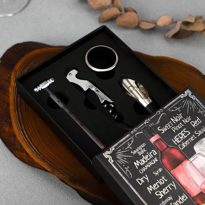 

Подарочный набор штопор, аэратор, каплеуловитель, термометр «Merlot»