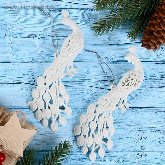 фото Украшение ёлочное "павлин" (набор 2 шт) 5,5х16 см, белый зимнее волшебство