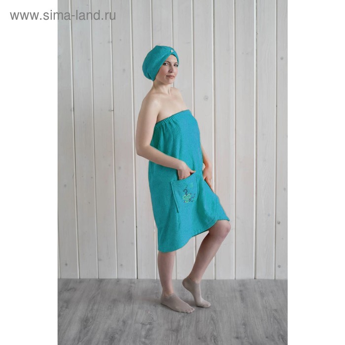 фото Набор женский для сауны (парео+чалма) с вышивкой, бирюза homeliness