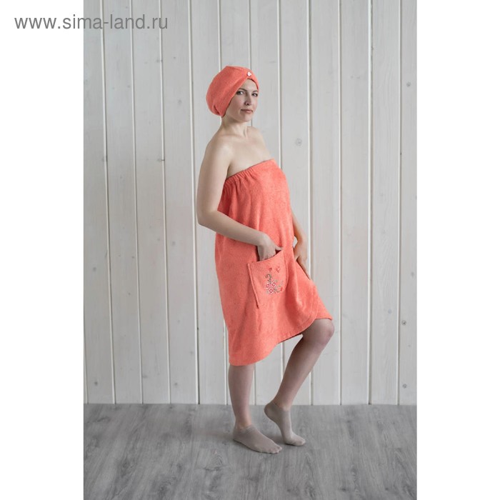 фото Набор женский для сауны (парео+чалма) с вышивкой, коралл homeliness