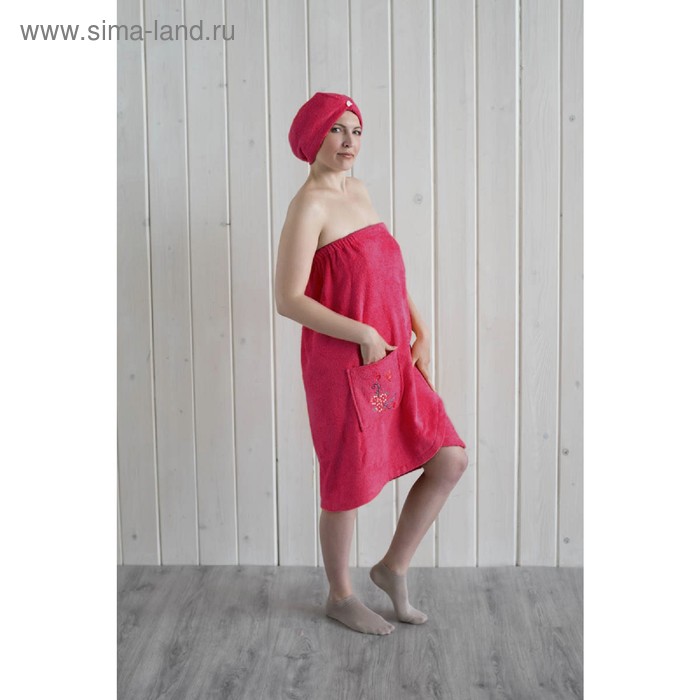 Набор женский для сауны (парео+чалма) с вышивкой, малиновый цена и фото