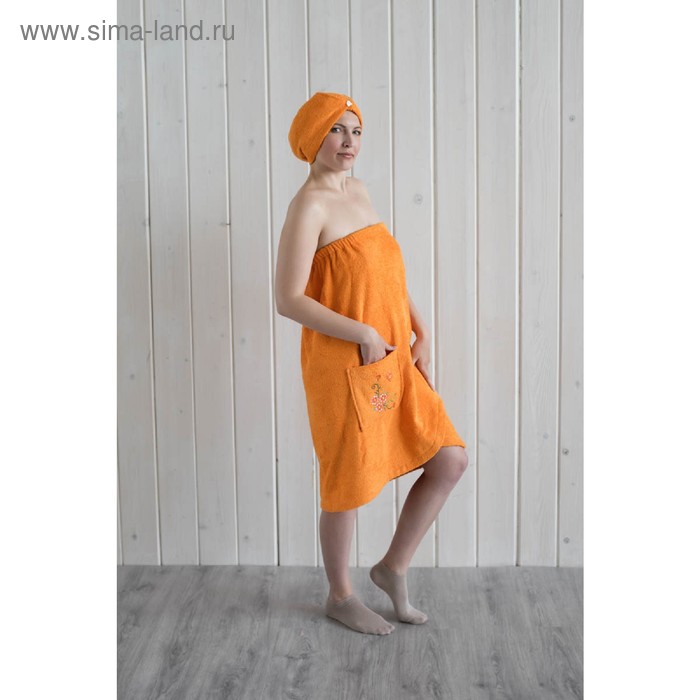 фото Набор женский для сауны (парео+чалма) с вышивкой, оранжевый homeliness
