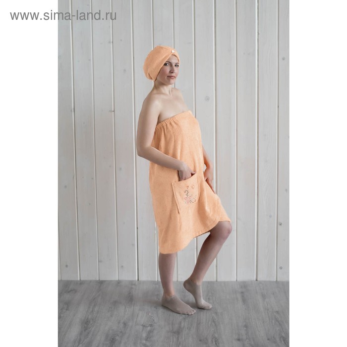 фото Набор женский для сауны (парео+чалма) с вышивкой, персиковый homeliness