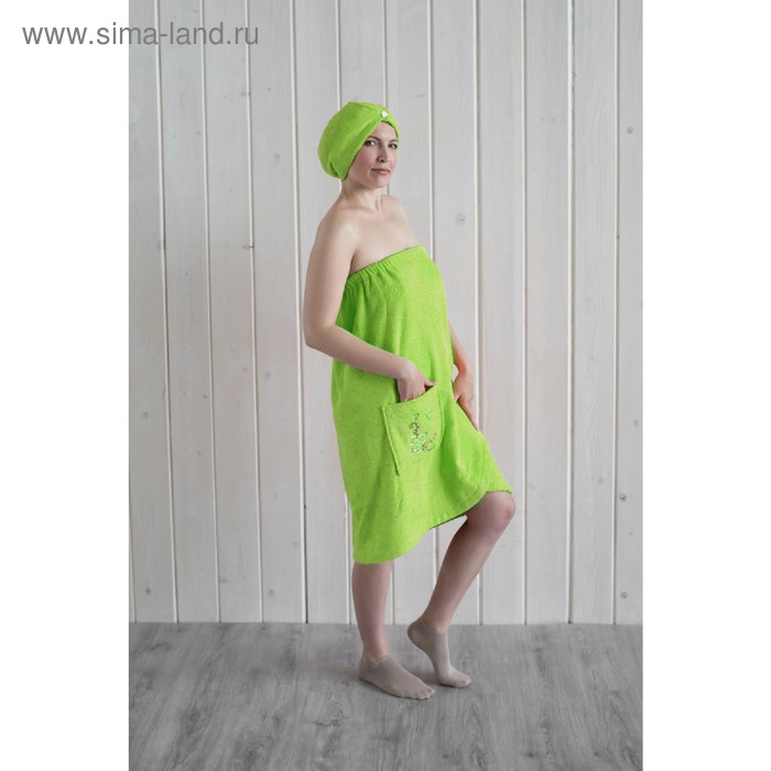 Набор женский для сауны (парео+чалма) с вышивкой, салатовый цена и фото