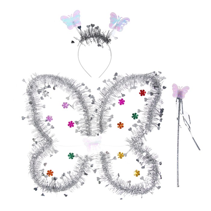 Карнавальный набор «Бабочка», 3 предмета: крылья, ободок, жезл, цвет серебряный