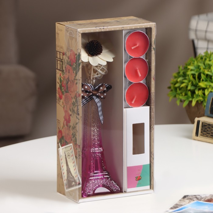 фото Набор подарочный "париж": ваза,свечи,аромамасло клубника, "богатство аромата"