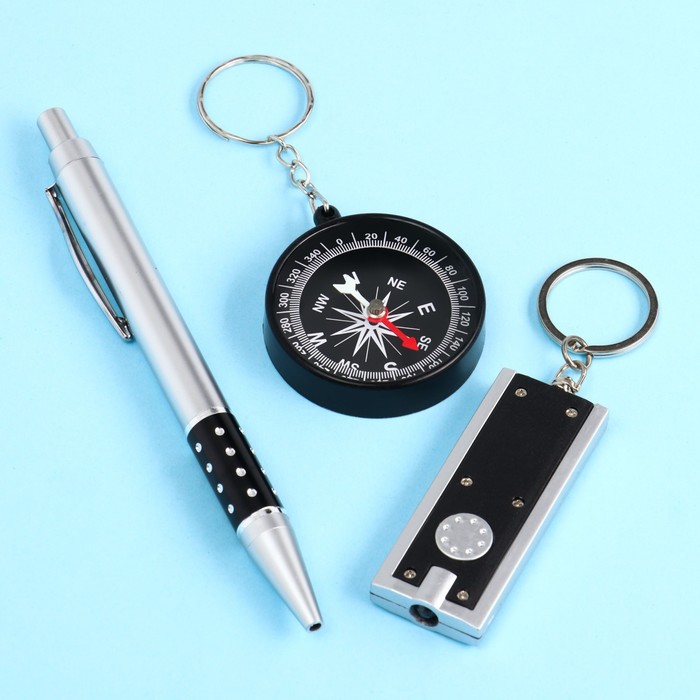 Набор подарочный 3в1 ручка, компас, фонарик черный