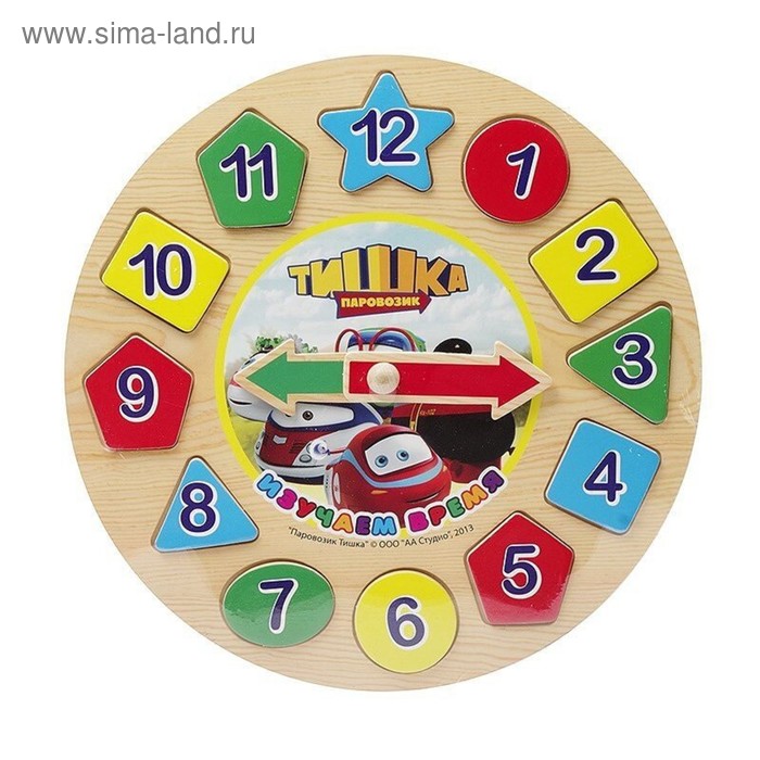 Пазл деревянный ТИШКА ПАРОВОЗИК «Часы с геометрией и цифрами» самый длинный пазл паровозик с цифрами