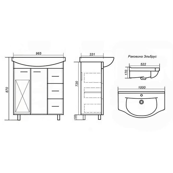 фото Тумба элеганс 100/3 с корзиной с раковиной эльбрус logro