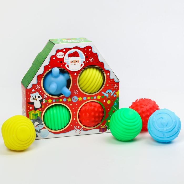 Новый год, подарочный набор резиновых игрушек "Новогодний домик",4 штуки