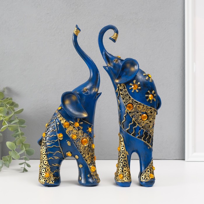 Сувенир полистоун Синие слоны с оранжевыми стразами набор 2 шт 28,5х21х8,3 см