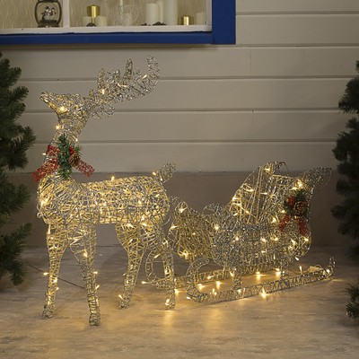 Фигура "Олень с санями", Олень:75 см, 80LED, Сани:70х26х48 см, 80LED, 220 В,  белый