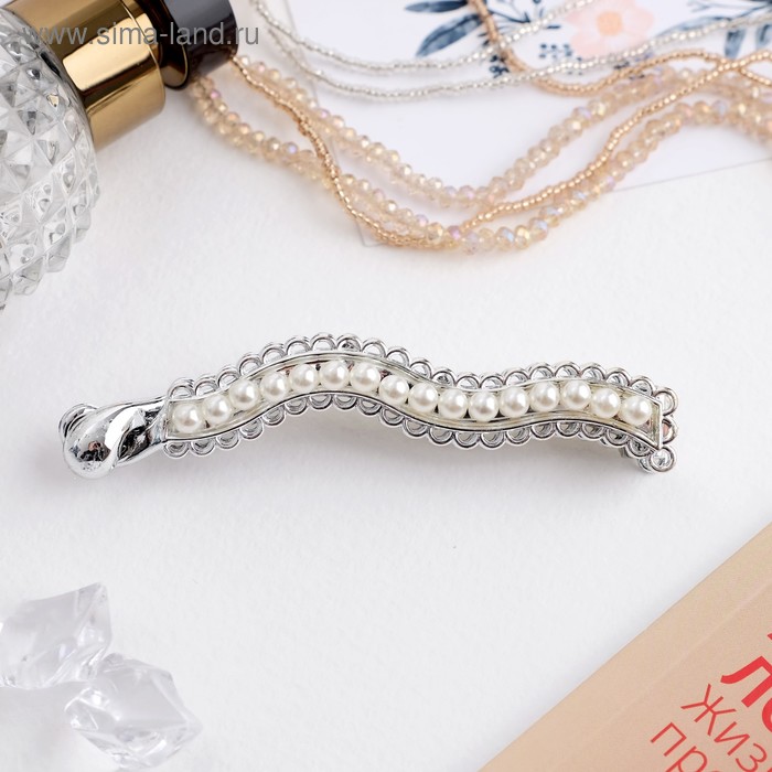 

Банан для волос "Тайна морей" 9,5 см бусины, ажур, волна, серебро