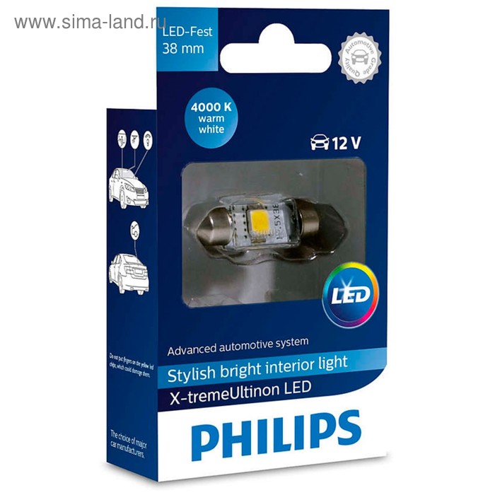 фото Лампа светодиодная philips 12 в, fest t10,5 12v-led 1,0w (sv8,5-38) 4000k x-tremeultinon led, 128584000kx1