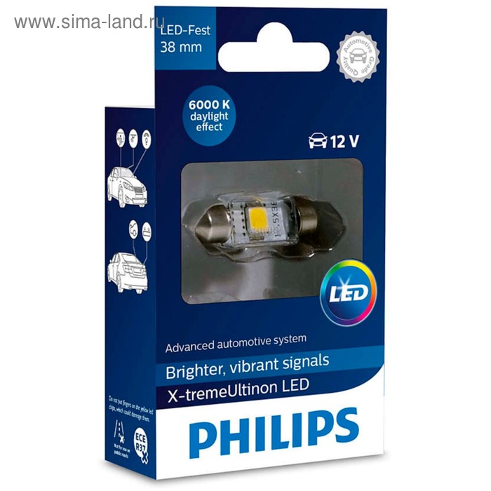 фото Лампа светодиодная philips 12 в, fest t10,5 12v-led 1,0w (sv8,5-38) 6000k x-tremeultinon led, 128596000kx1