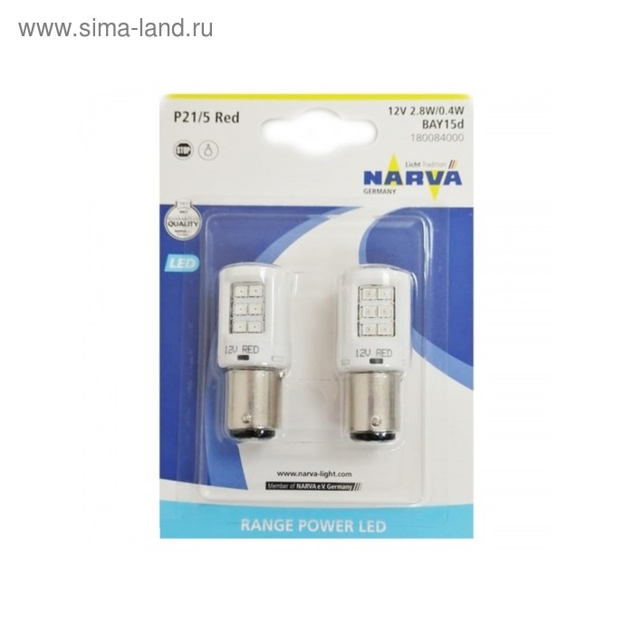 фото Лампа светодиодная narva red range power led, 12 в, p21/5 вт, 2.8/0.4 вт набор 2 шт 18008