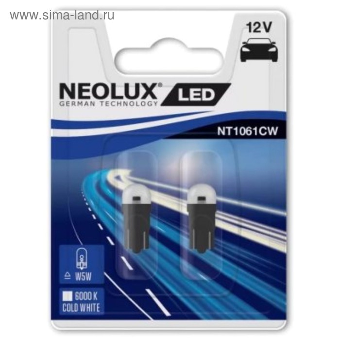 Лампа светодиодная Neolux 12 В, 6000K, W5W, 0.5 Вт, W2.1x9.5d, набор 2 шт, NT1061CW-02B