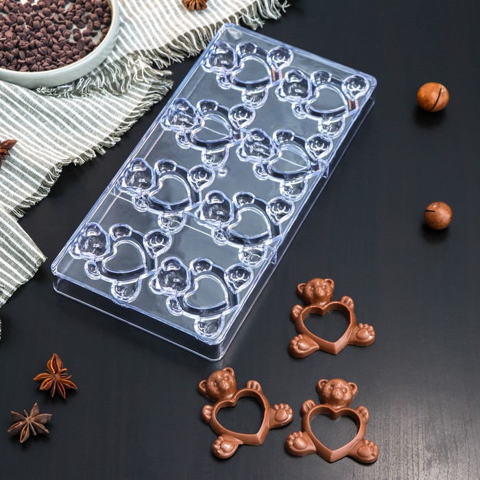 форма для шоколада и конфет хеопс 14 ячеек 20×12×2 5 см Форма для шоколада и конфет 28×14 см «Влюблённые мишки», 8 ячеек