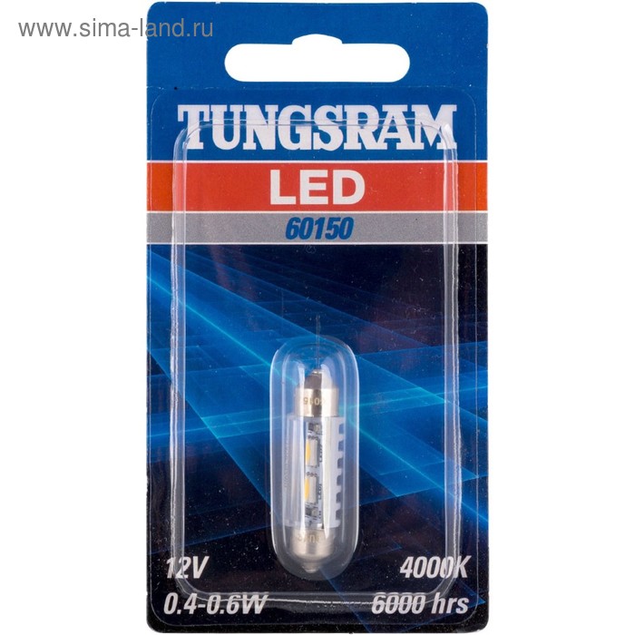 цена Лампа светодиодная Tungsram C5W 12V-LED 0,5W (SV8,5-35/11) 4000K, 60150
