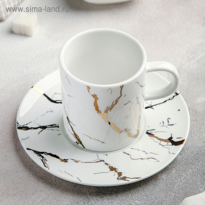 Чайная пара керамическая «Марбл», чашка 220 мл, блюдце d=15 см, цвет белый чайная пара керамическая гелакси чашка 200 мл блюдце d 13 см цвет оранжевый