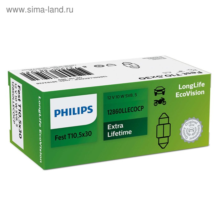 фото Лампа автомобильная philips longlife ecovision, t10.5, 12 в, 10 вт, (sv8,5-28/11), 12860llecocp