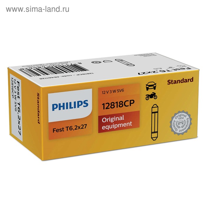 фото Лампа автомобильная philips, t6, 12 в, 3 вт, (sv6-6,2/27), 12818cp