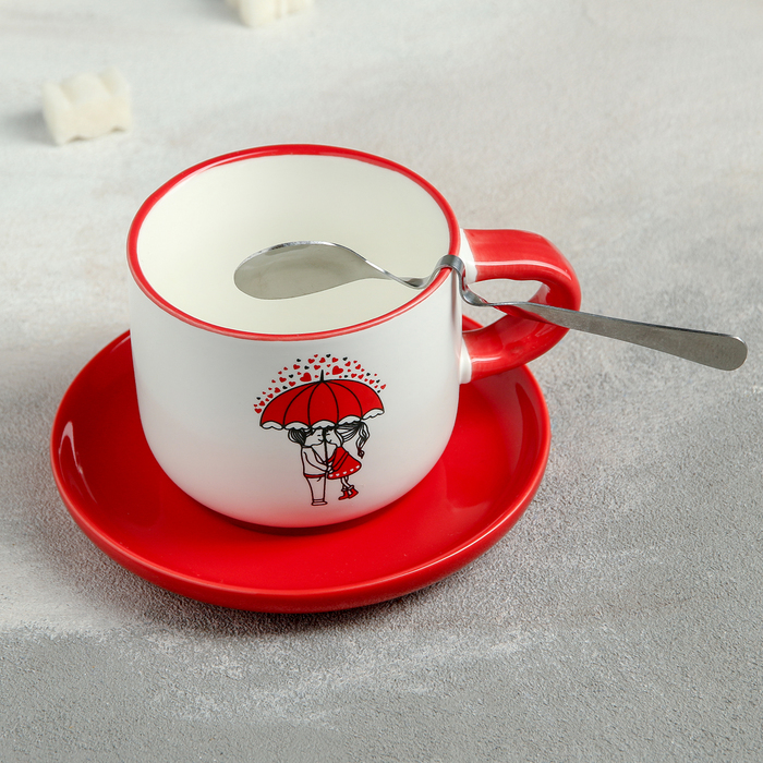 Чайная пара керамическая «Романтика»: чашка 180 мл, блюдце 12 см, ложка, рисунок МИКС